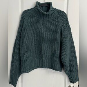 H&M Women's Chunky Knit mock Neck Boxy Wool Blend Sweater Sz Lg Blue/Gray/Green